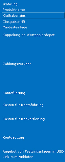 Screenshot der Vergleichskriterien