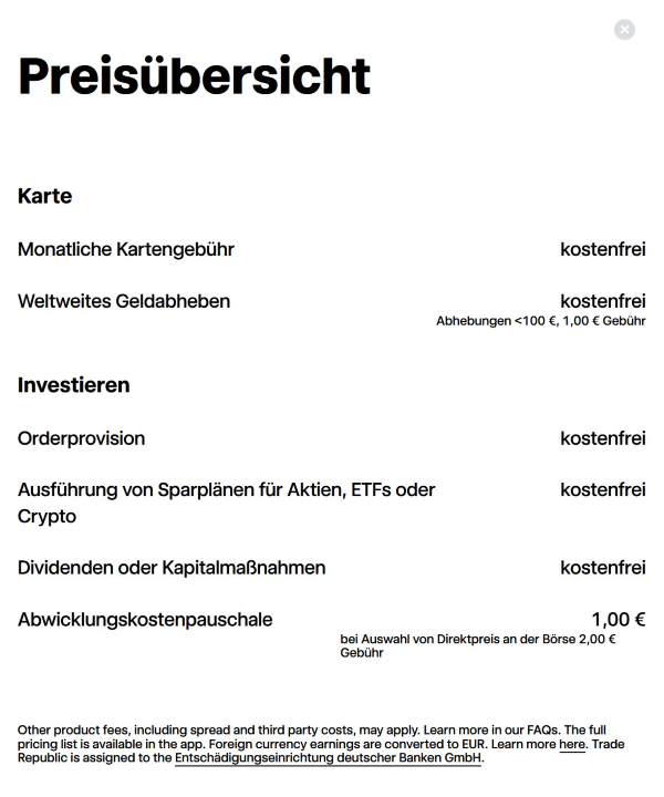 Screenshot der Preisübersicht